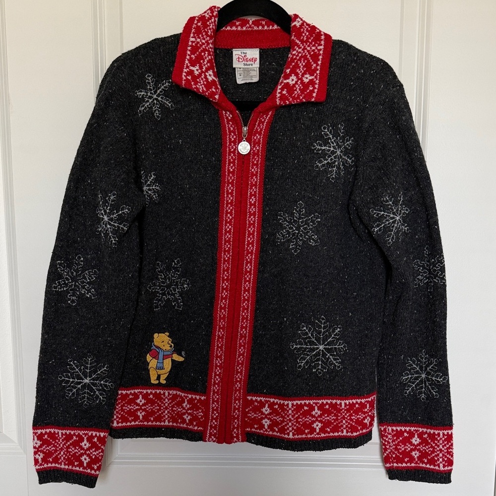 Vintage Disney Winnie the Pooh Winter Wool Blend Embroidered Zip Up Sweater